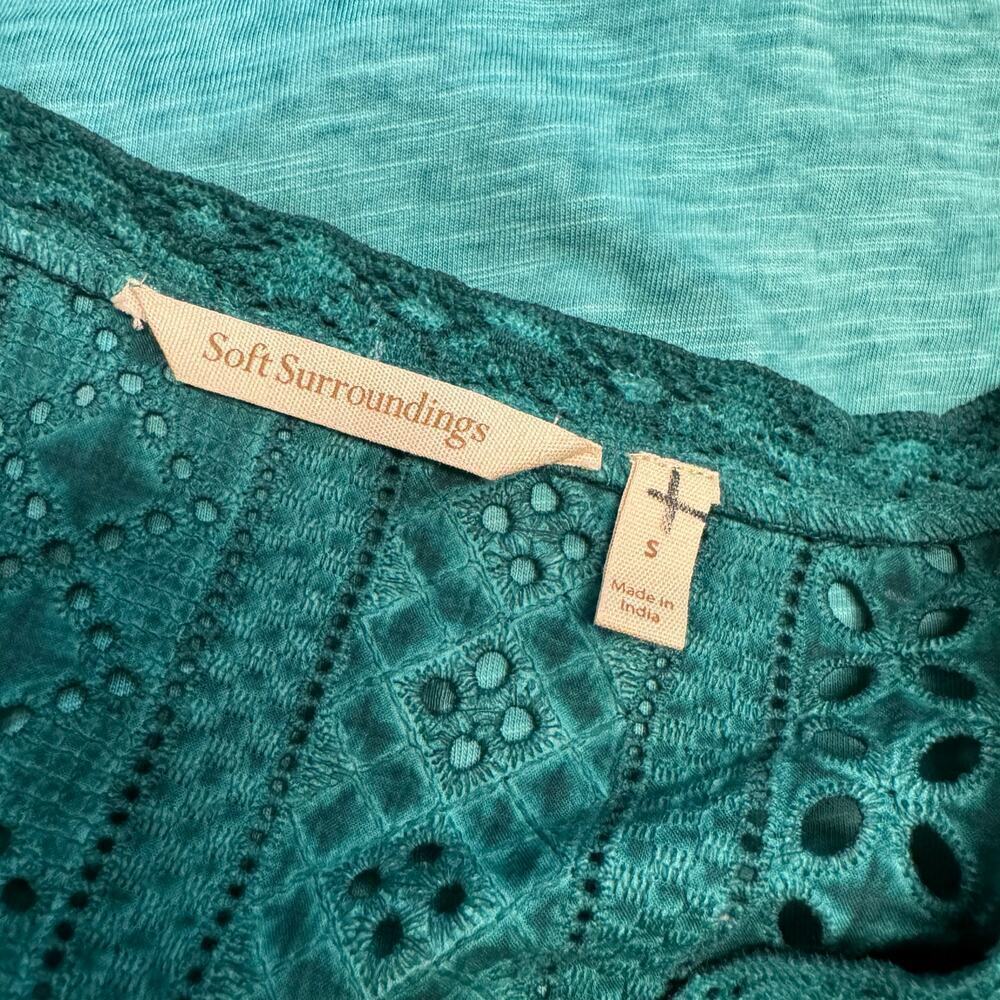 Soft Surroundings Teal Eyelet Knit Boho V-cut Quarter Sleeves Top Women's sz S - Picture 2 of 10